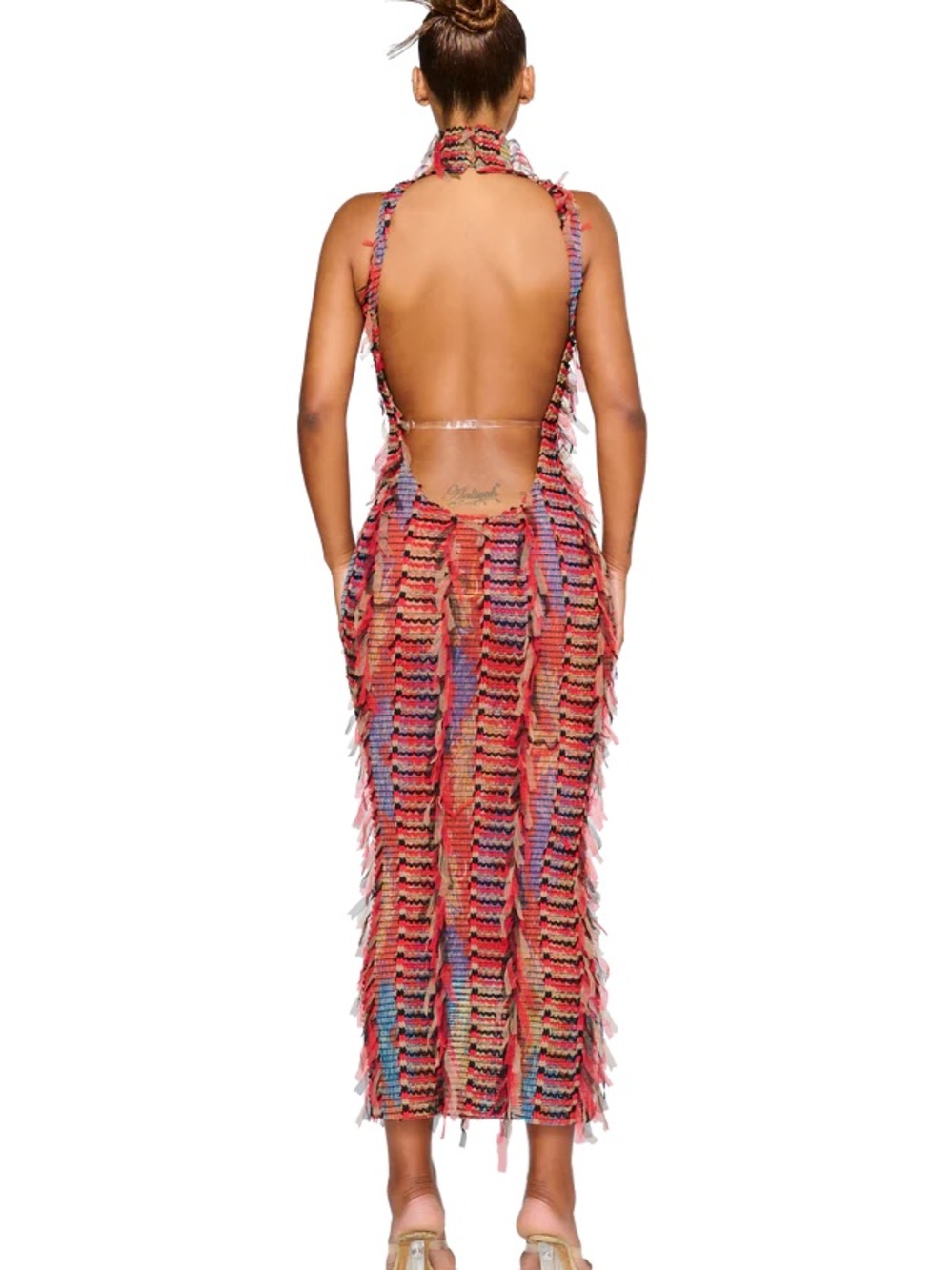 ENVME High Neck Cut Out Bust Maxi Dress In Multi Red Texture